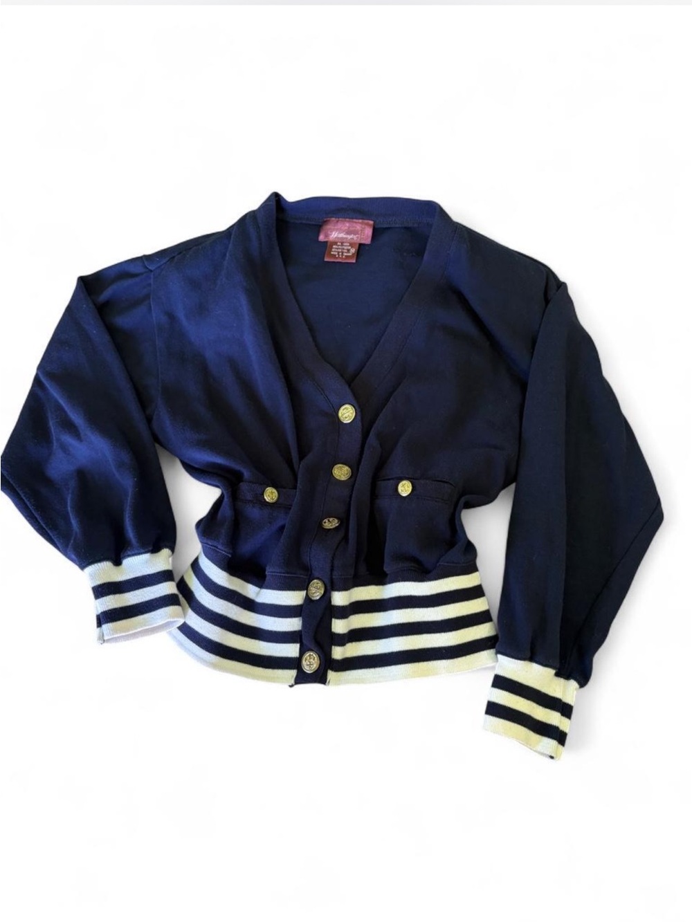 Vintage Worthington Navy blue cardigan with white stripes and anchgold buttons M